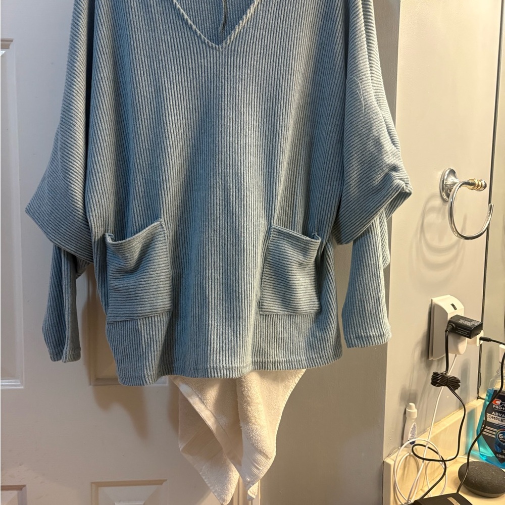 Blue V-Neck Ribbed Sweater